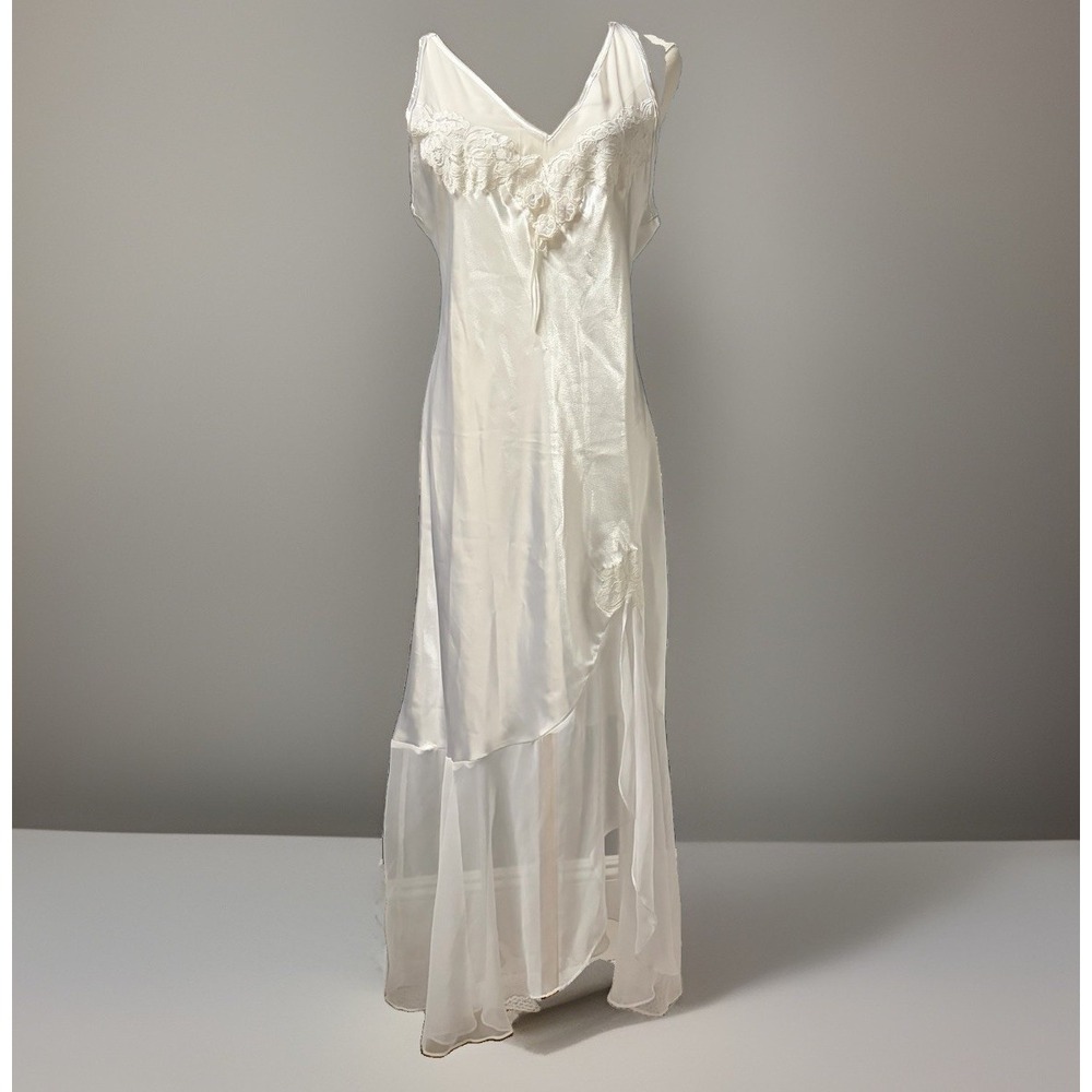 1990's Sara Beth Bridal Nightgown M White Satin Chiffon Long Slip Dress Lingerie